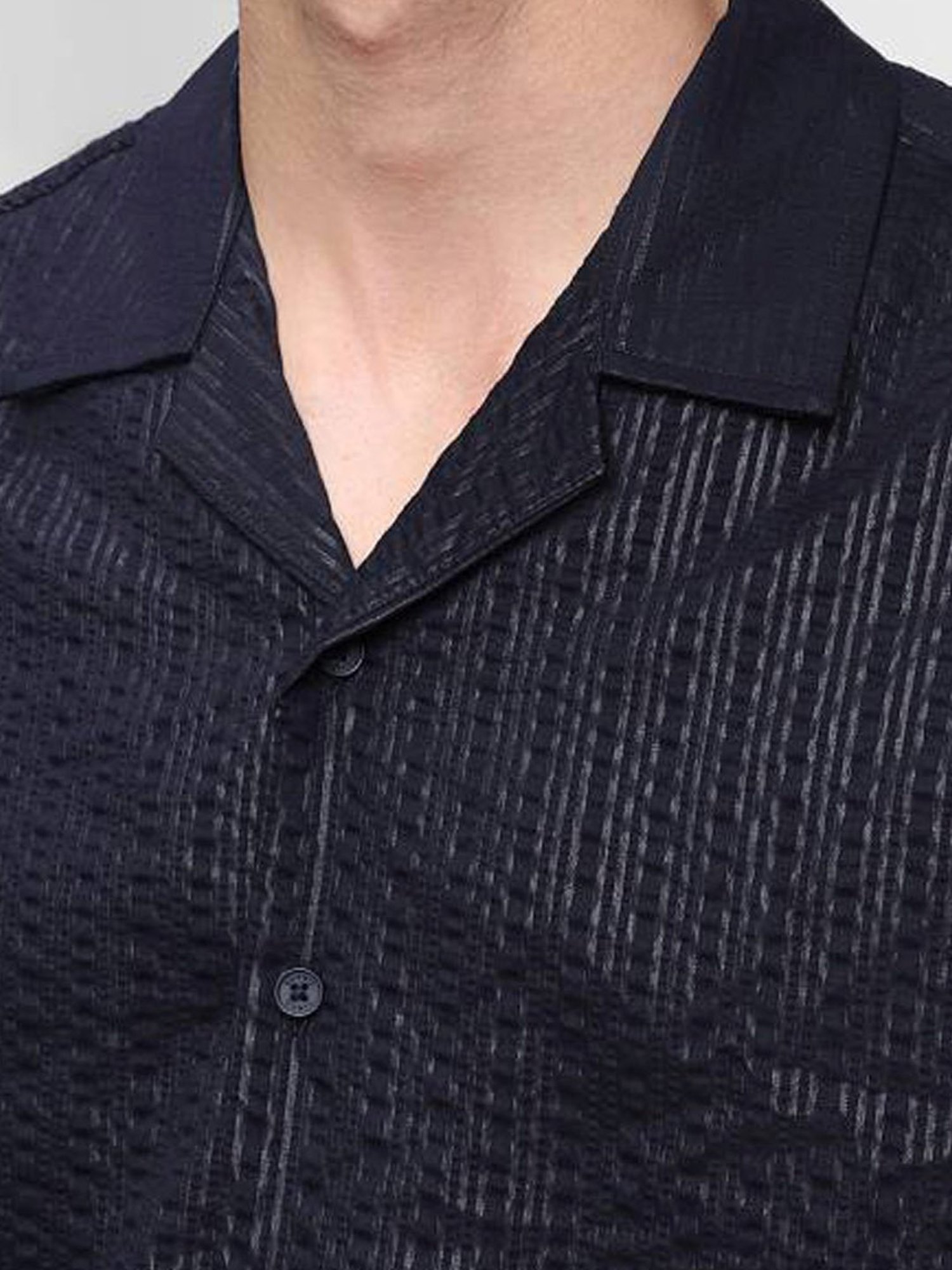 Dennis Lingo Navy Cotton Slim Fit Self Pattern Shirt