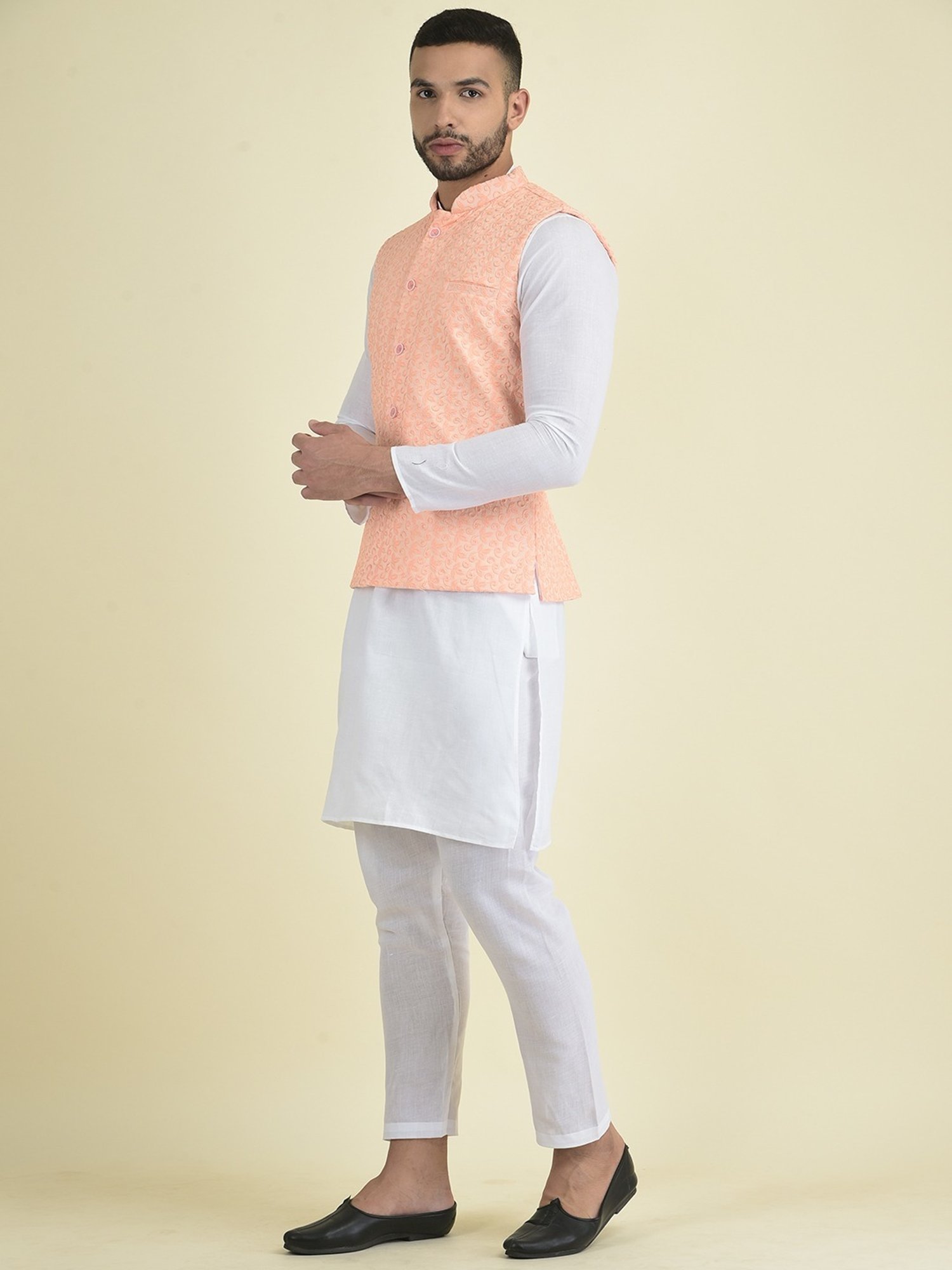 Deyann Peach & White Cotton Regular Fit Embroidered Kurta Set With Jacket