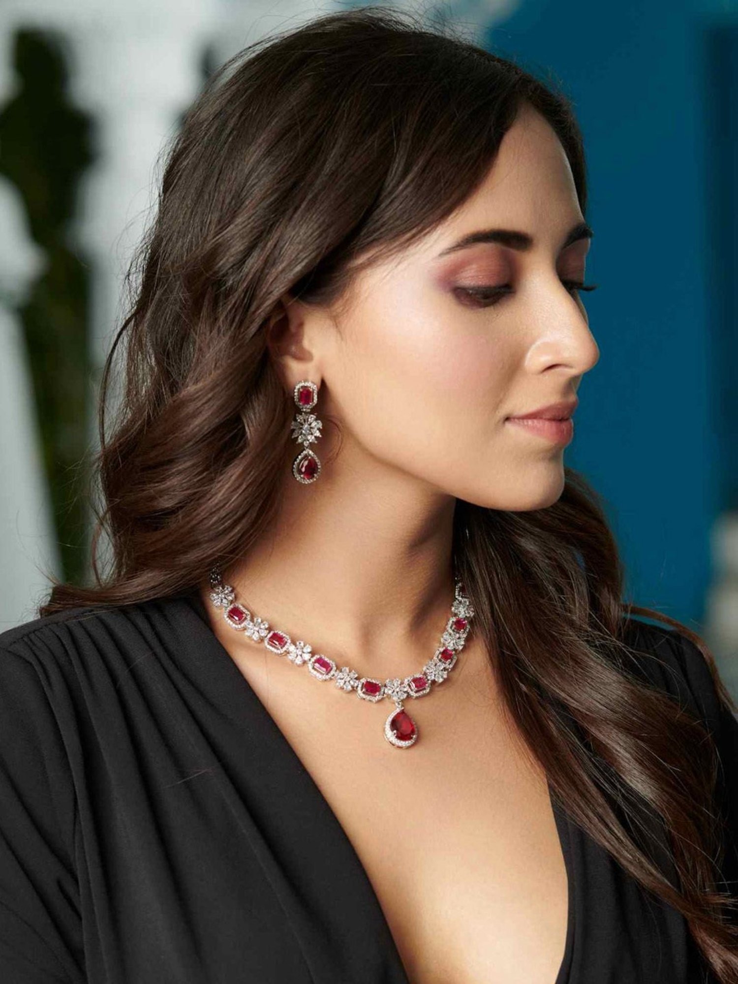 Curio Cottage Diamante Rubilite Pink Drop Cubic Zirconia Necklace Set