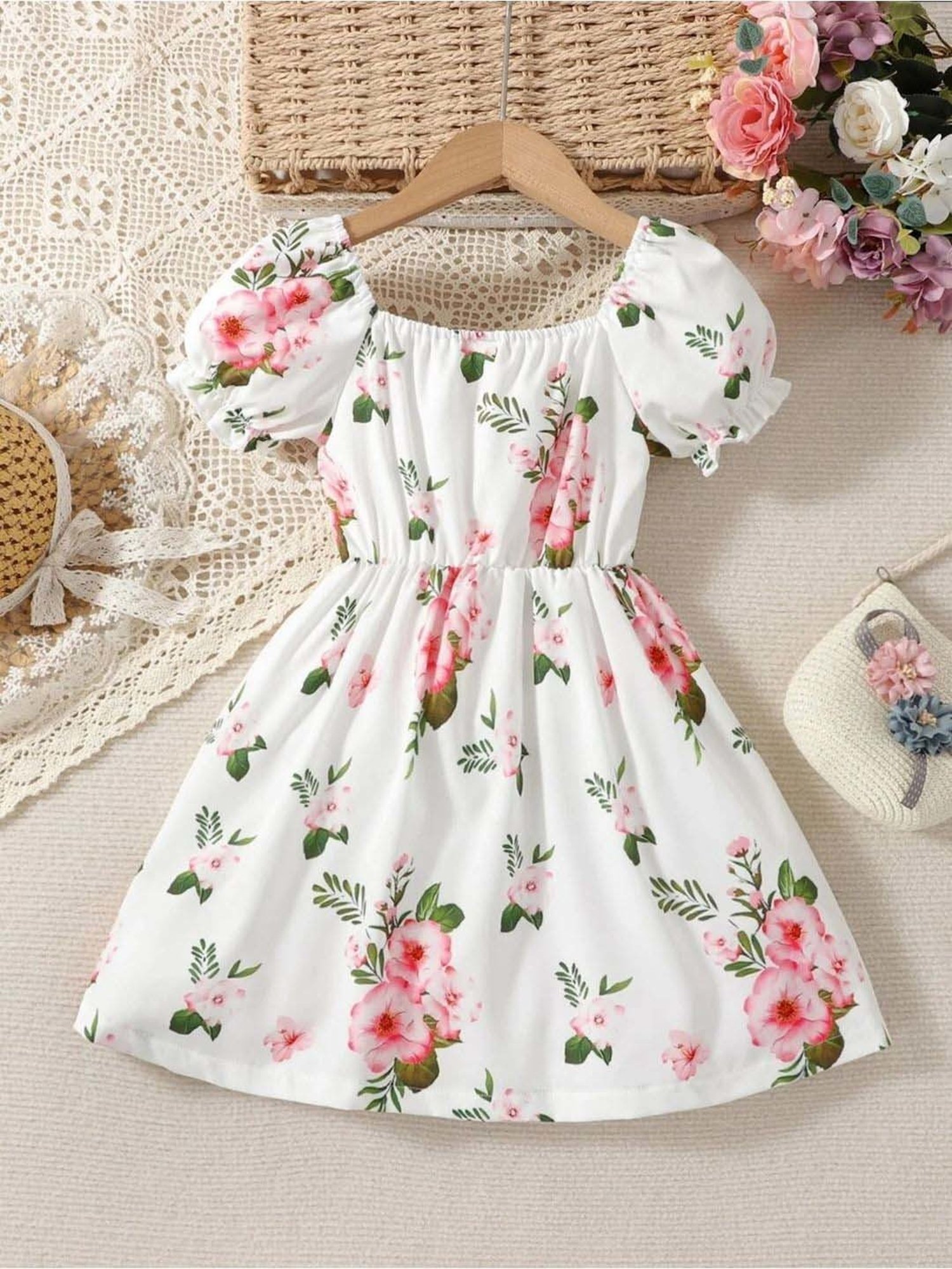 Bolly Lounge Girls White Rice & Pink Floral Dress