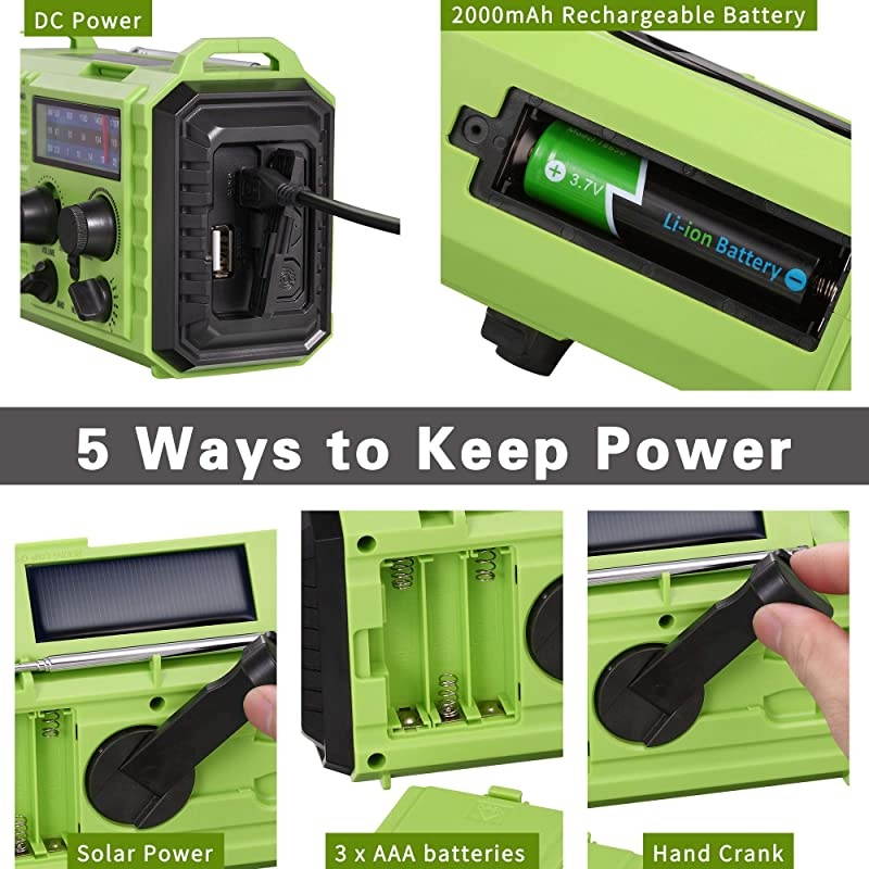 Weather Radio  Emergency Hand Crank Portable Radio Solar Power AMFMSWNOAA Weather Radio with 2000mAh Power Bank Phone Charger 3W LED Flashlight Reading Lamp 7 Weather Band SOS Alarm