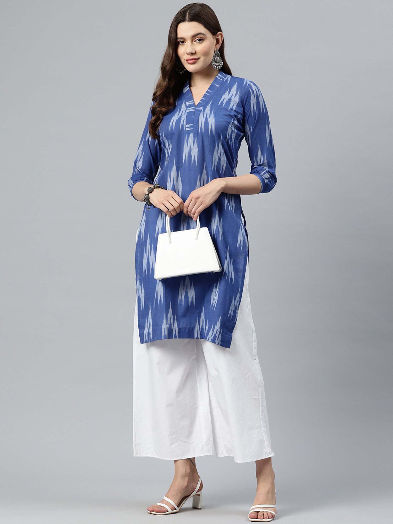 One Femme Blue Cotton Ikat Print Straight Kurta