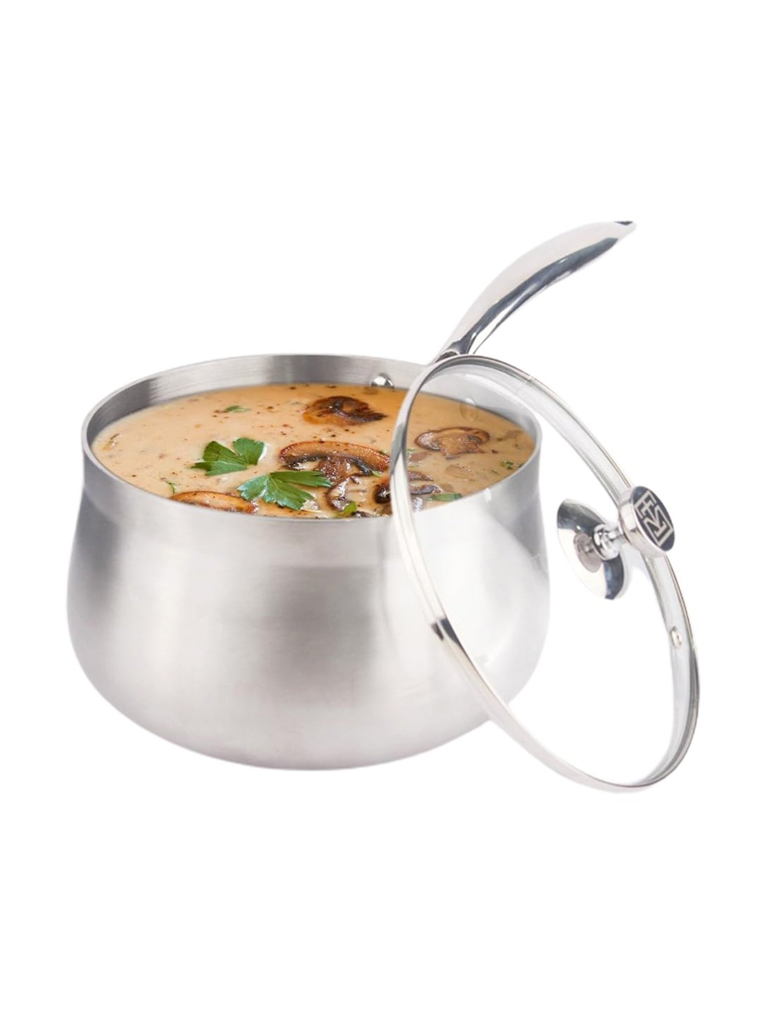 The Indus Valley Silver Stainless Steel Sauce Pan with Glass Lid (Dia:20.3cm, 3.5L)
