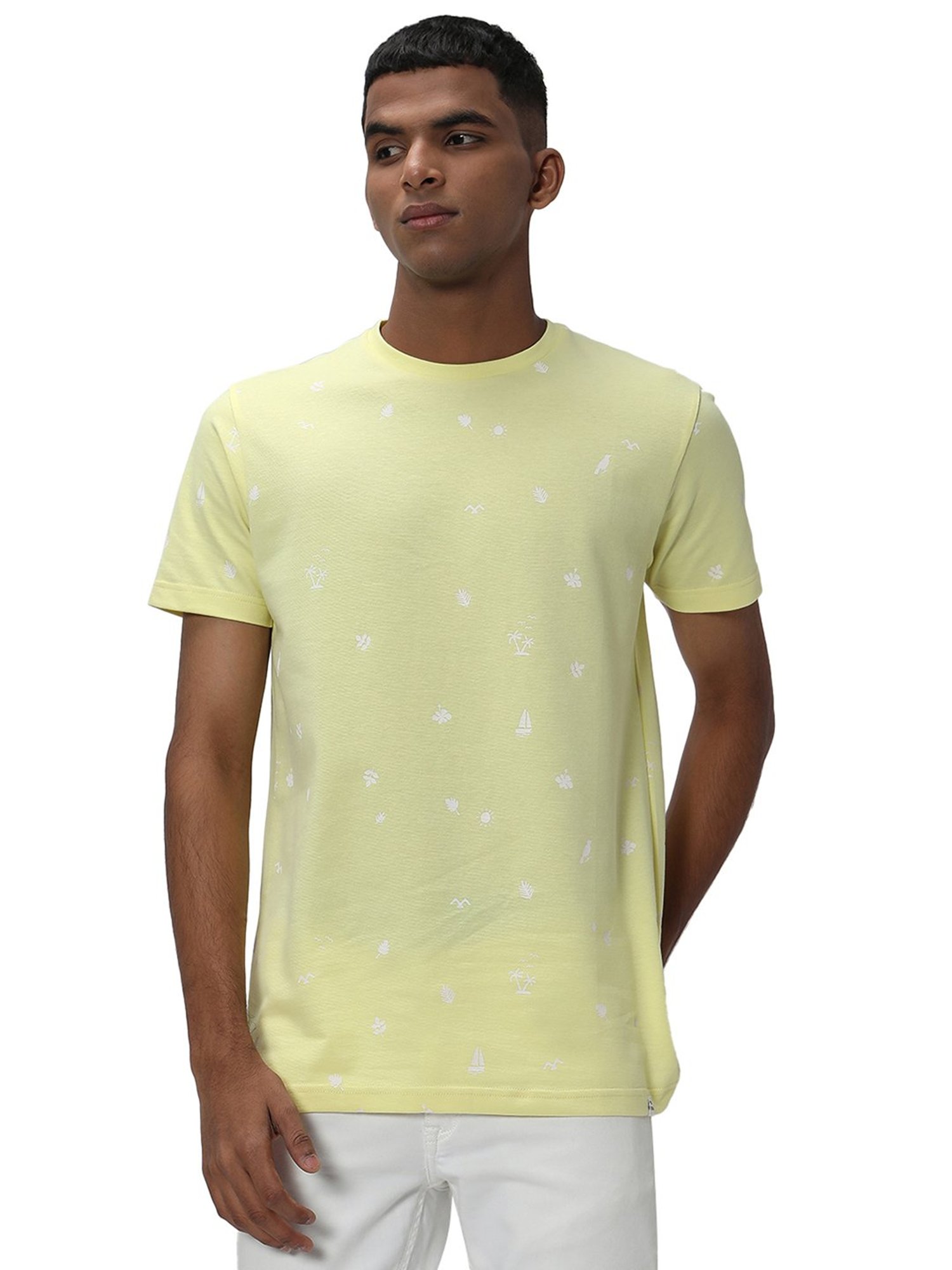 Mufti Yellow Slim Fit Printed Crew T-Shirt