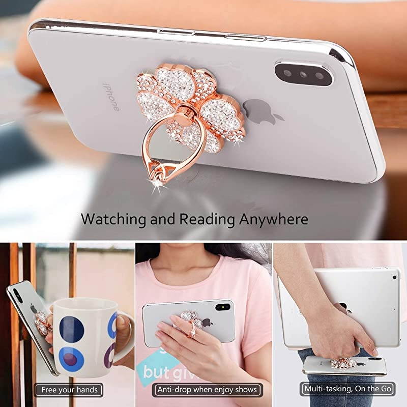 Phone Finger Ring Holder with Bling Crystals,  Heart Lucky Clover Phone Ring Kickstand [Washable] [Removable], 360&deg;Rotation Zinc Alloy Ring Grip Stand for Phones and Tablets (Rose Gold)