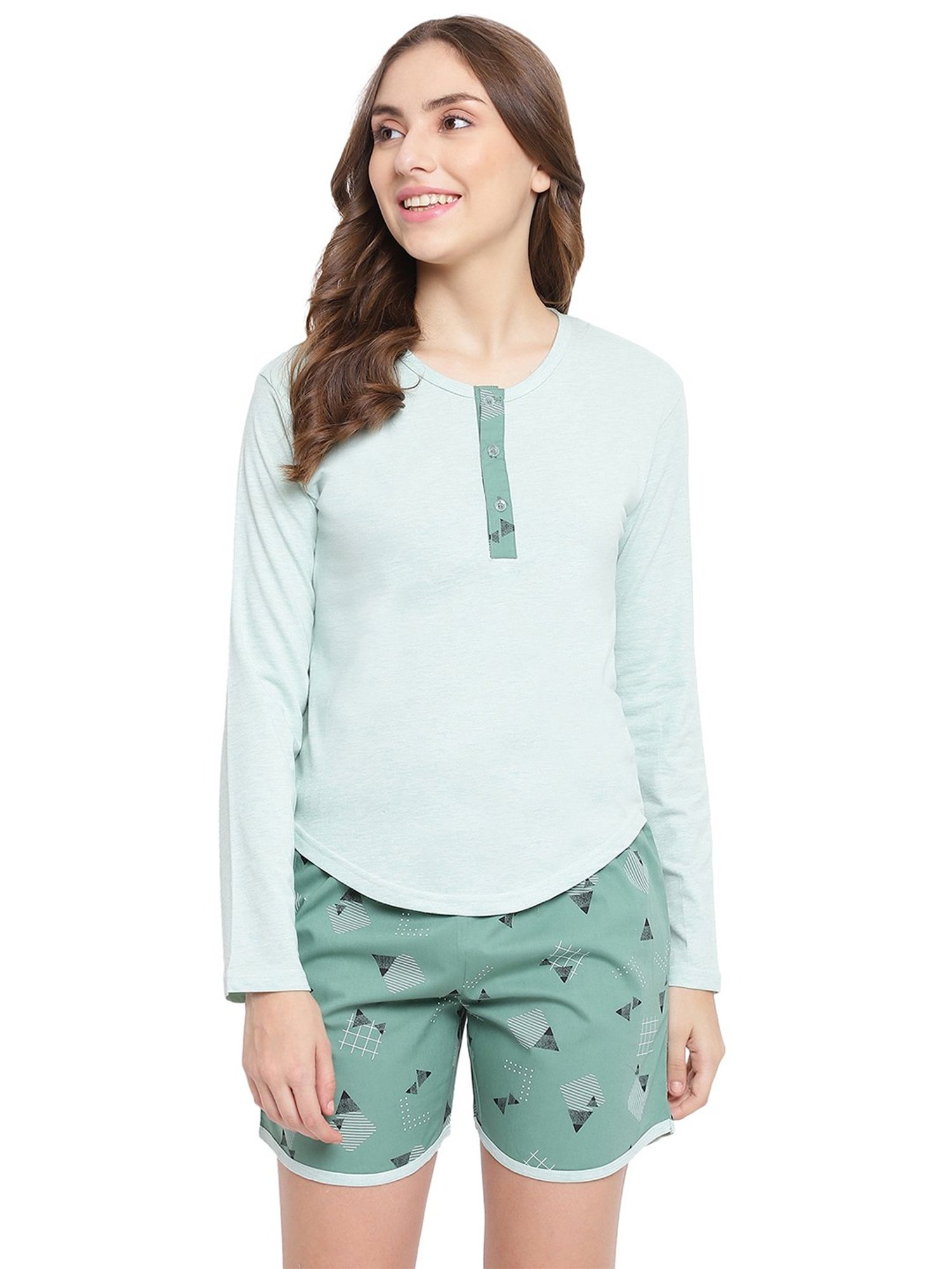 La Intimo Green Printed T-Shirt With Shorts