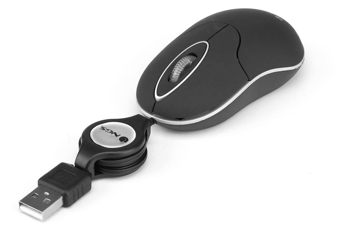 NGS Optical Mouse with Retractable USB Cable & Scroll-wheel, 1000 DPI Color Black Model SINBLACK