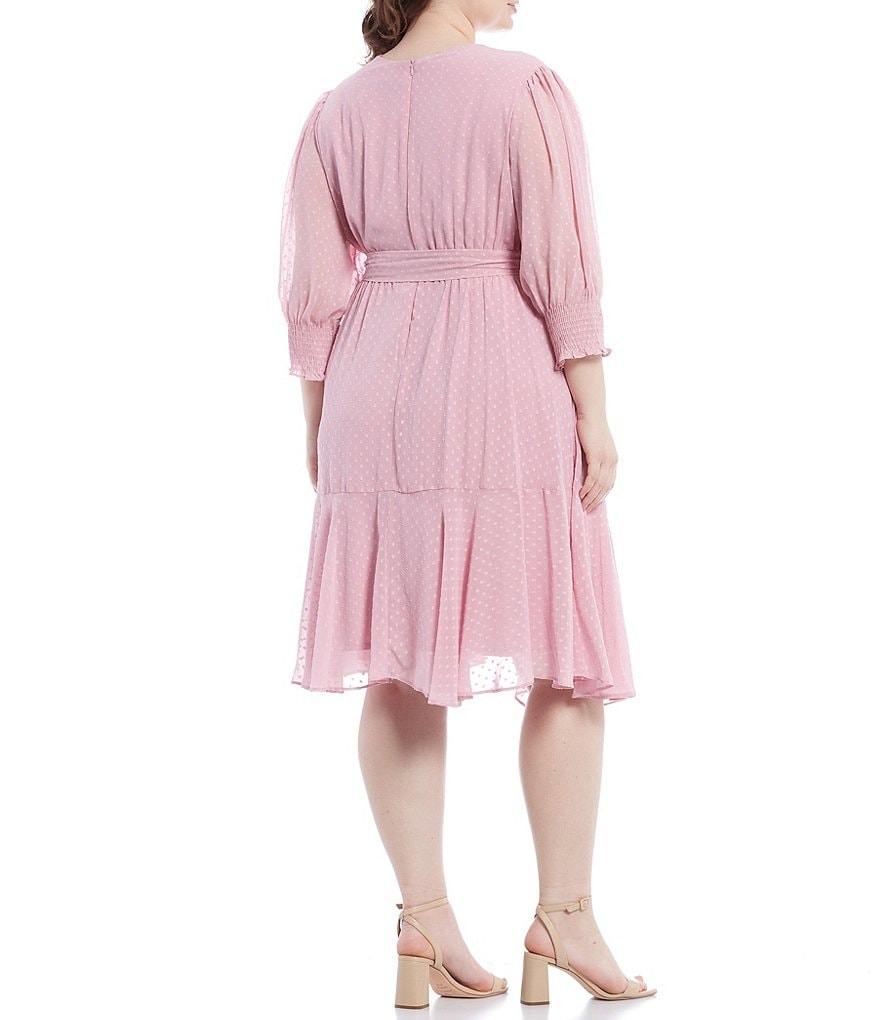 Maison Tara Plus Size V-Neck 3/4 Sleeve Mini Dot Ruffle Hem Chiffon A-Line Dress