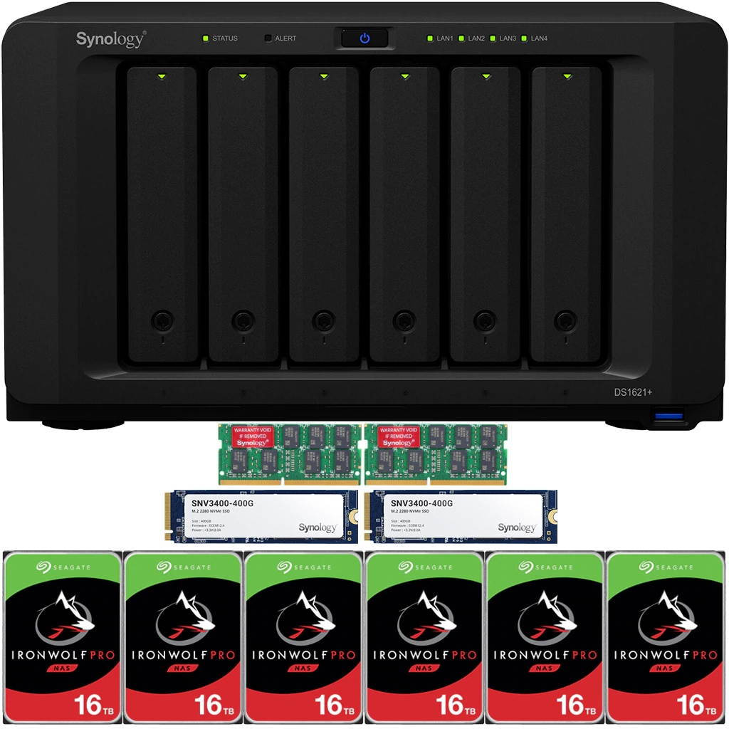 Synology DS1621+ DiskStation with 32GB RAM and 72TB (6 x 12TB) of Seagate Ironwolf PRO NAS Drives and 800GB (2x400GB) NVME Cache Fully Assembled and Tested By CustomTechSales