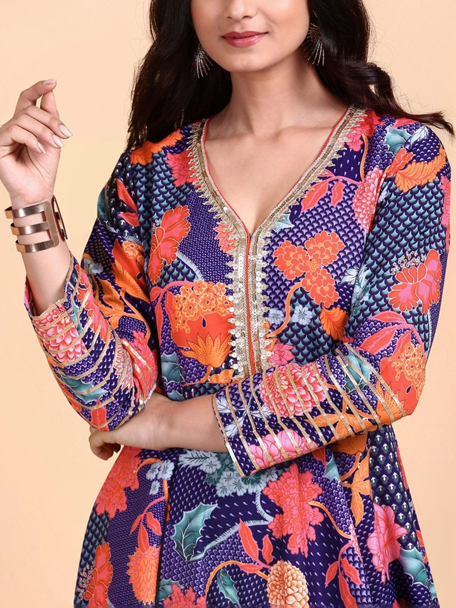 Ishin Navy & Orange Floral Print Dress with Dupatta