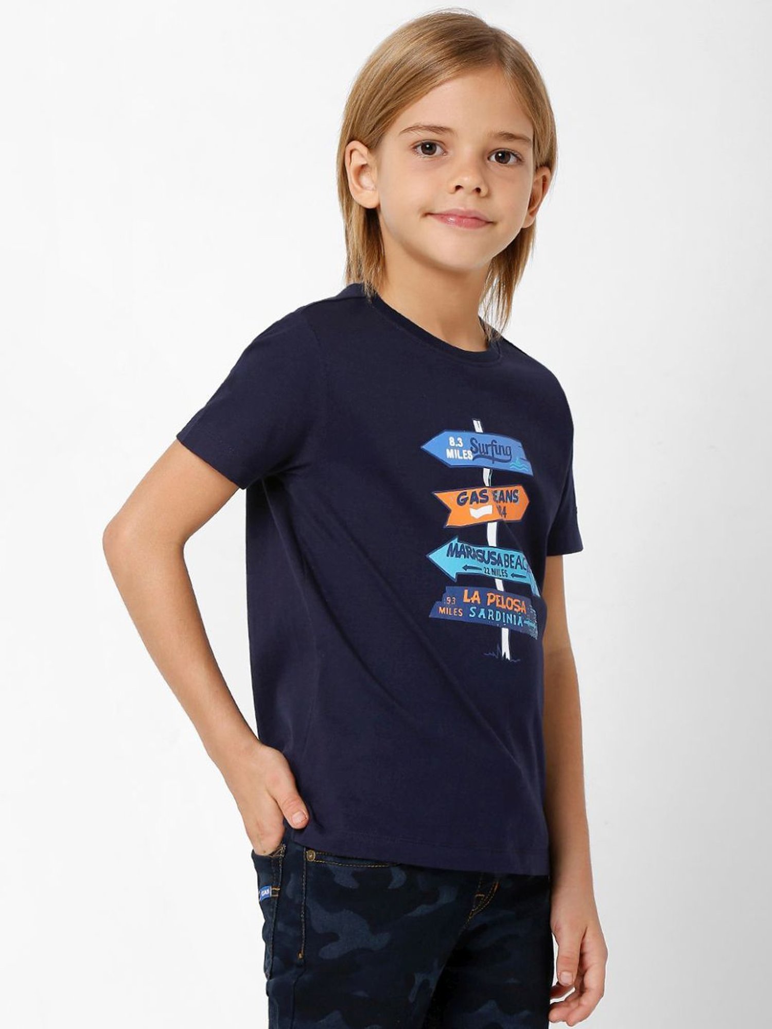 Gas Kids Navy Cotton Printed T-Shirt