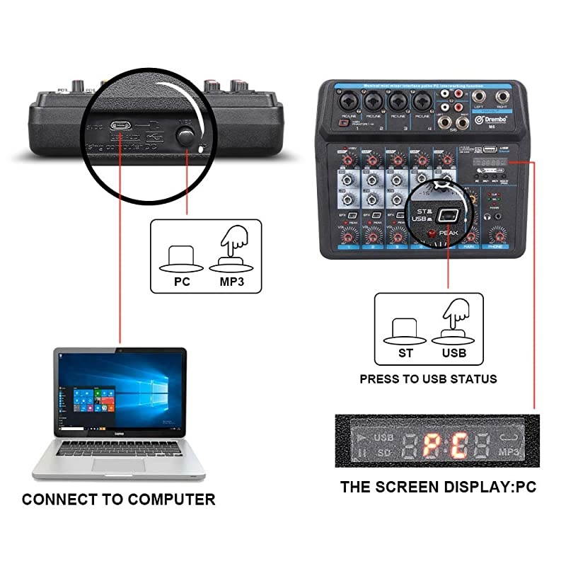 Mini 6 Channel Mixer Audio DJ Console with Sound Card, USB Audio Interface, 48V Phantom Power Mixer for PC Recording Singing Webcast Party ()