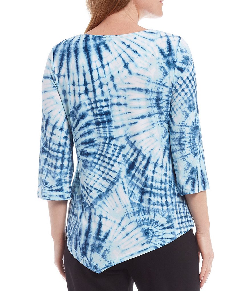 Allison Daley Petite Size Tie Dye Spiral Print Embellished Detail 3/4 Sleeve Asymmetrical Hem Top