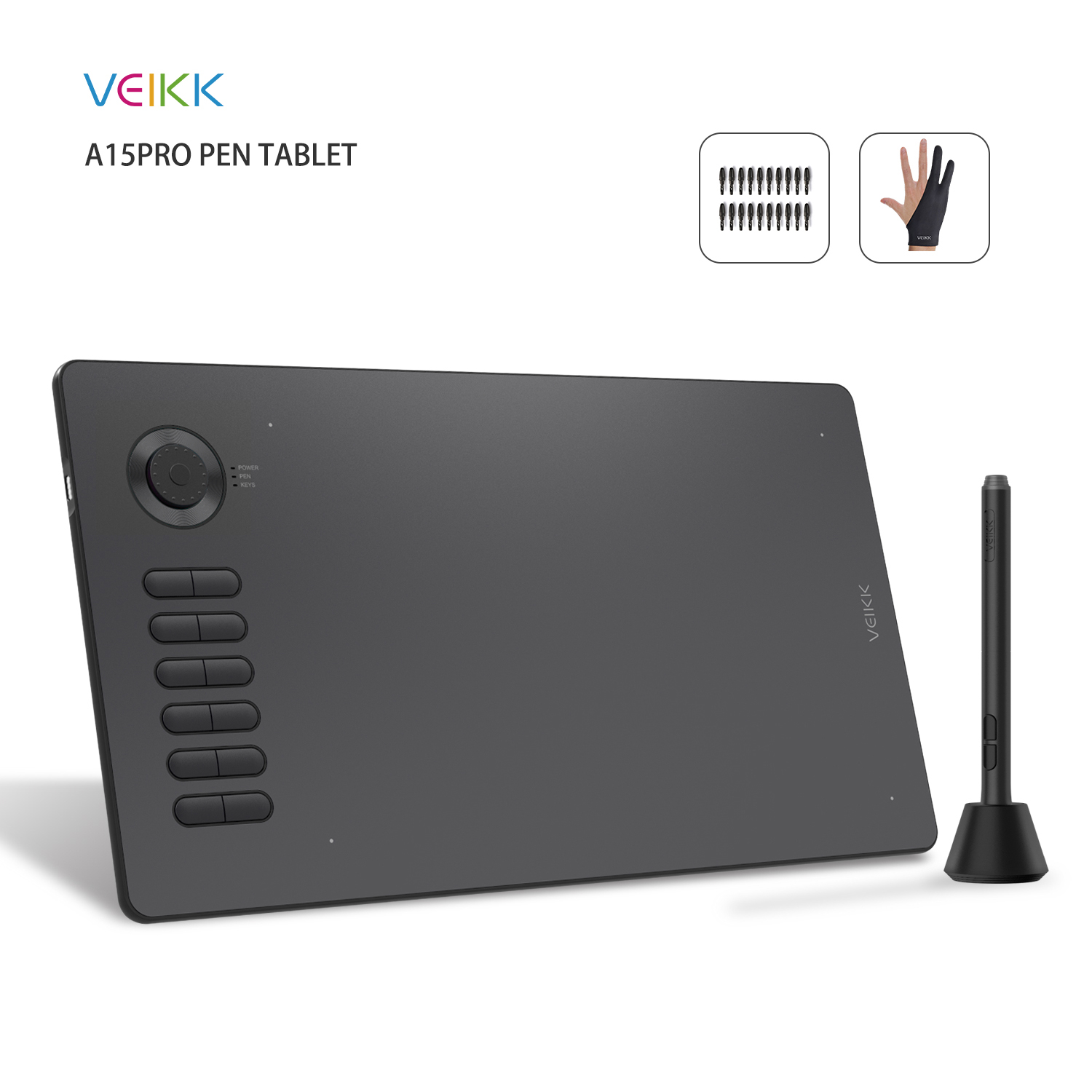 VEIKK A15 Pro Graphics Drawing Tablet 10 x 6 inch Digital Drawing Tablet with 12 Hotkeys and a Quick Dial (8192 Level Pressure Battery -Free Stylus)