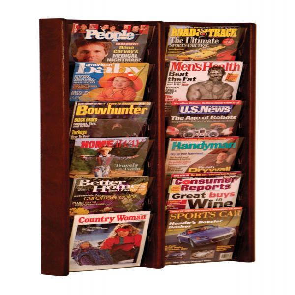 Wooden Mallet Books Newpaper Magazine Holders Stances 12 Pocket Wall Display Rack 2"x6" Mahogany