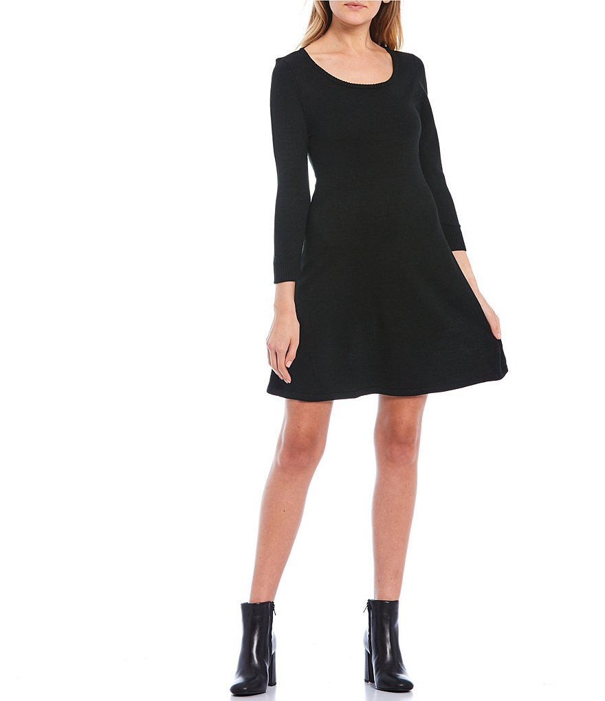 Midnight Doll 3/4 Sleeve Color-Block Scarf A-Line Sweater Dress