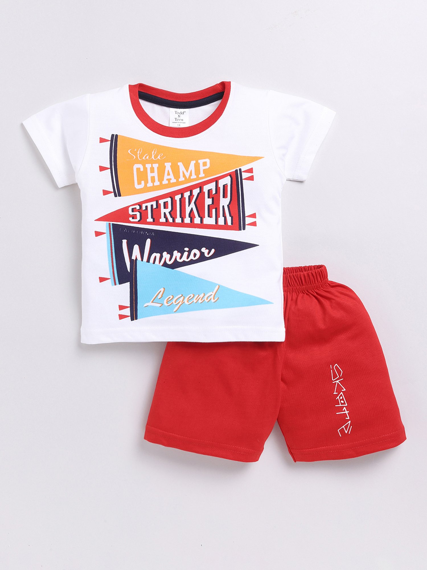 Todd N Teen Kids White & Red Printed T-Shirt with Shorts