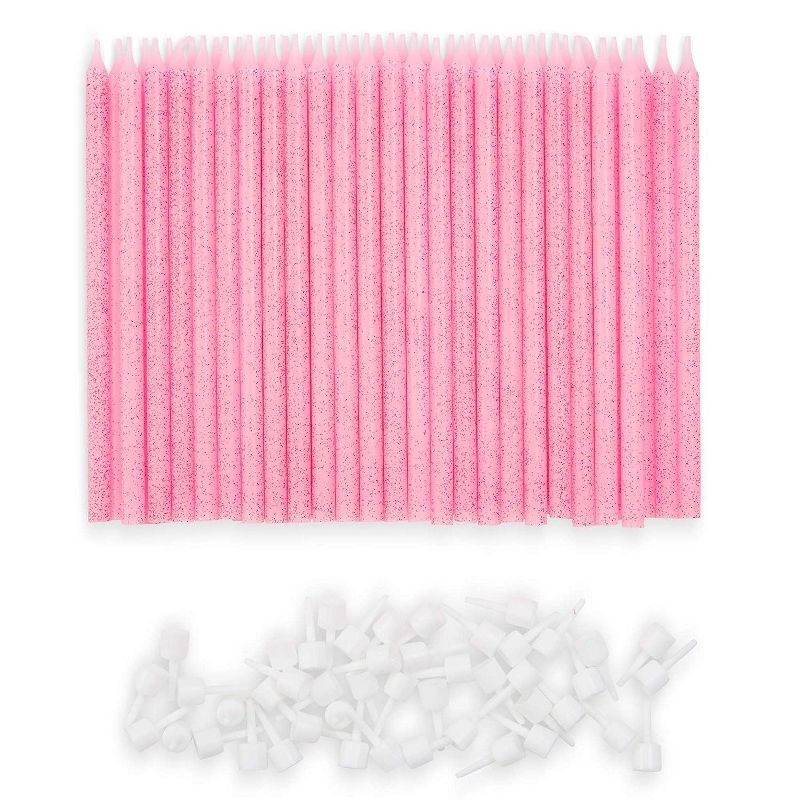 Blue Panda 48-Pack Pink Glitter Confetti Long Thin Birthday Cake Candles 5-Inch with Holders