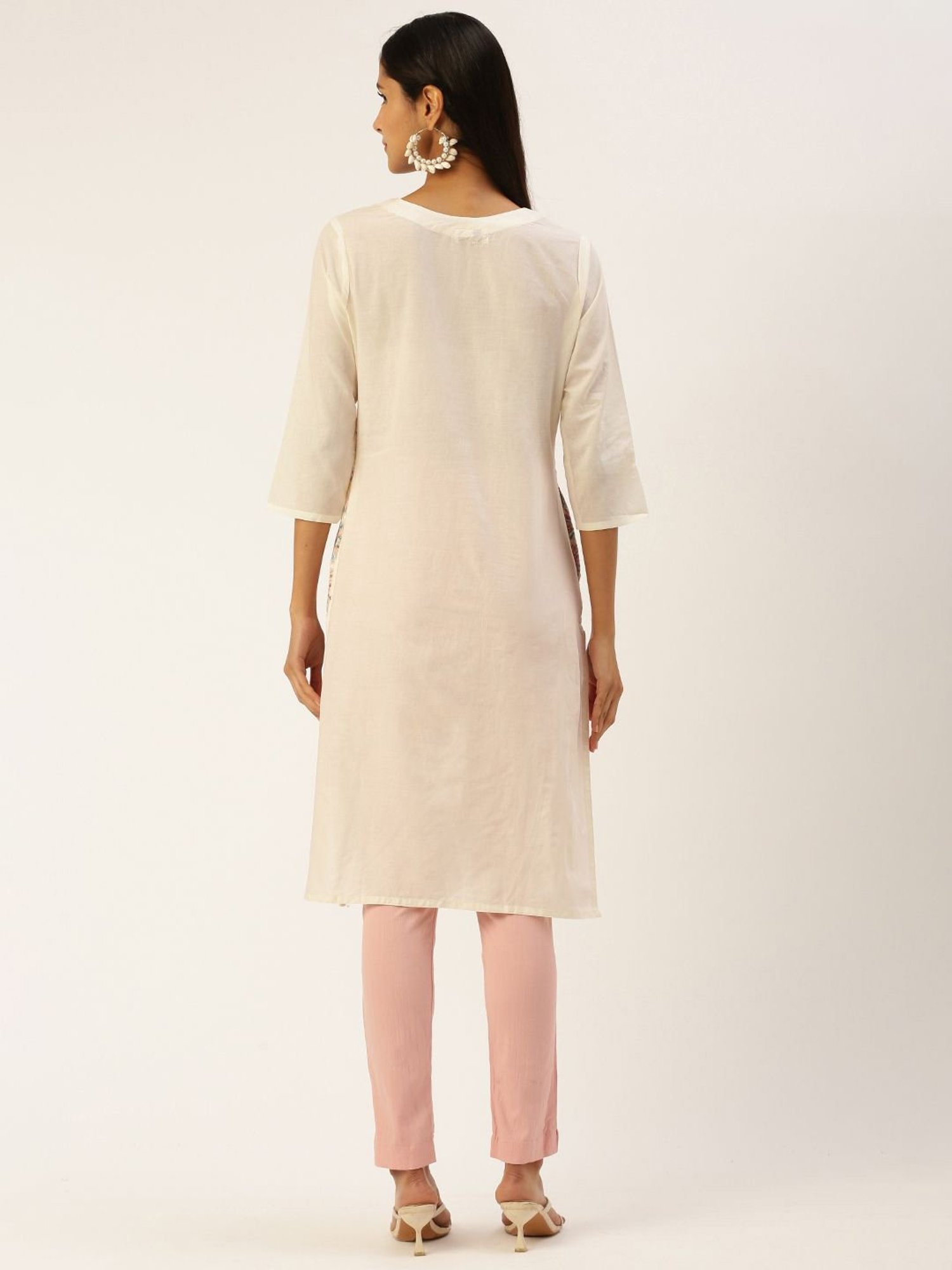 SHANVIKA Cream Embroidered Cotton Straight Kurta