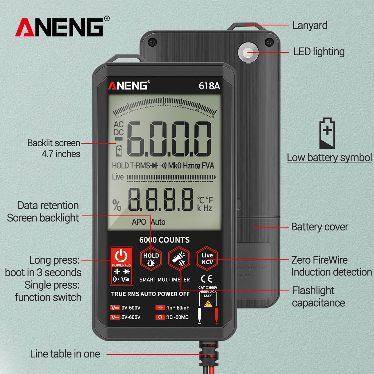ANENG Digital Autoranging Multimeter with Audible Continuity True RMS Backlit Multimeter with AC/DC Voltage Tester Capacitance/Frequency/Continuity Meter Ohmmeter Resistance/Diode Tester for