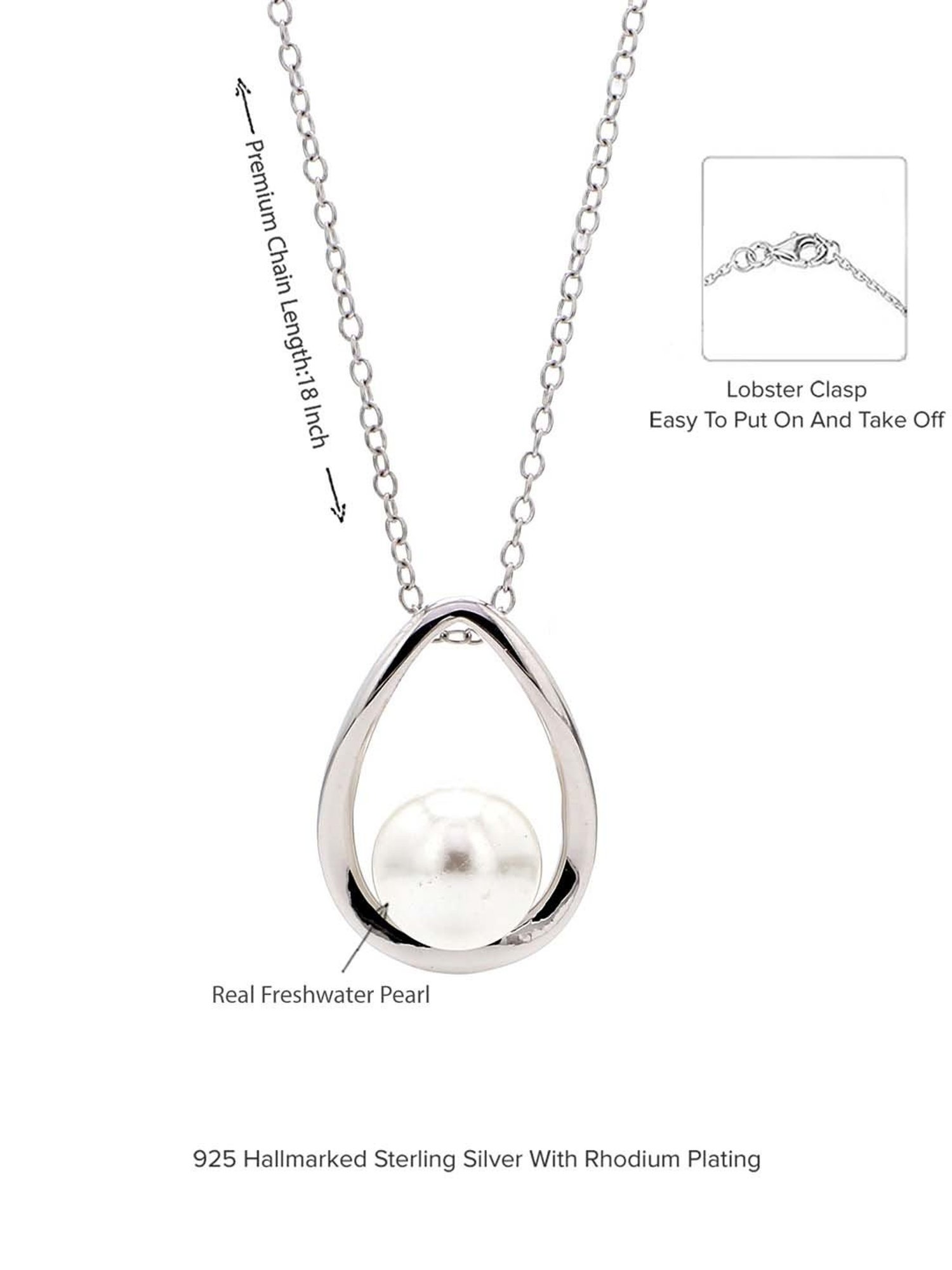 925 Silver Freshwater Pearl Drop Pendant with 18-inch Chain for Women & Girls