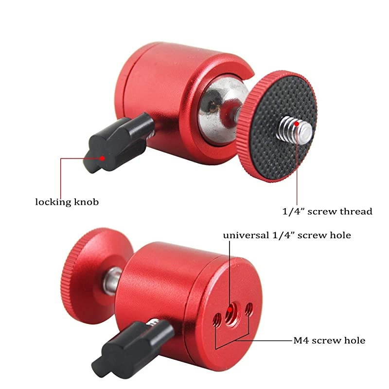 2 PCS Tripod Mini Ball Head with 14 Screw Thread Base 2 Pack Red