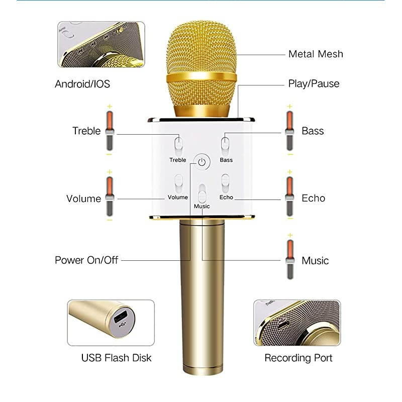 Q7 Wireless Bluetooth Karaoke Microphone10W Dual Speakers Portable Handheld Karaoke Machine Christmas Birthday Home Party for KidsAdults iPhoneiPadTabletTVPCAndroid SmartphoneGolden