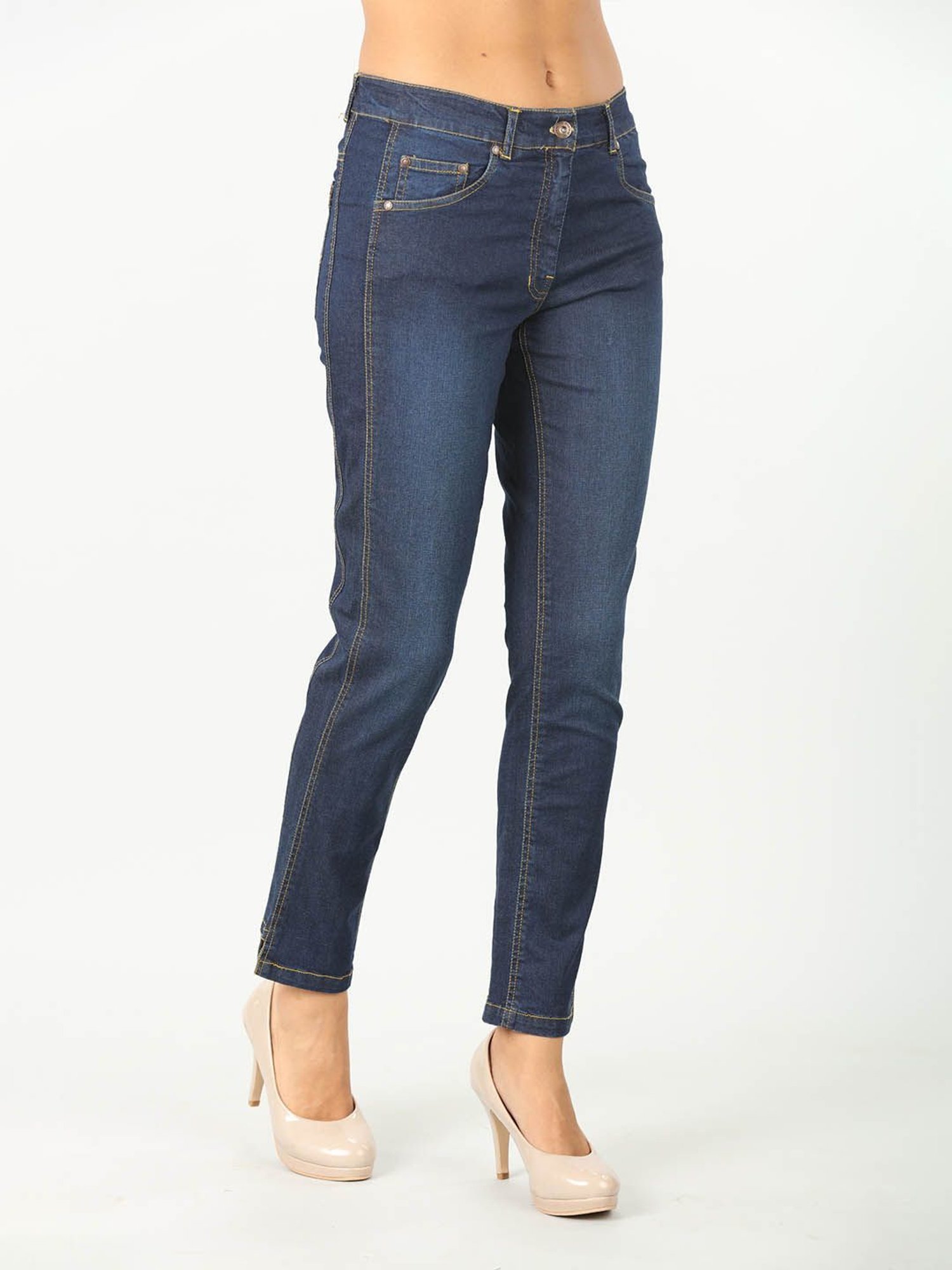 Mustard Dark Blue Cotton Slim Fit Mid Rise Jeans