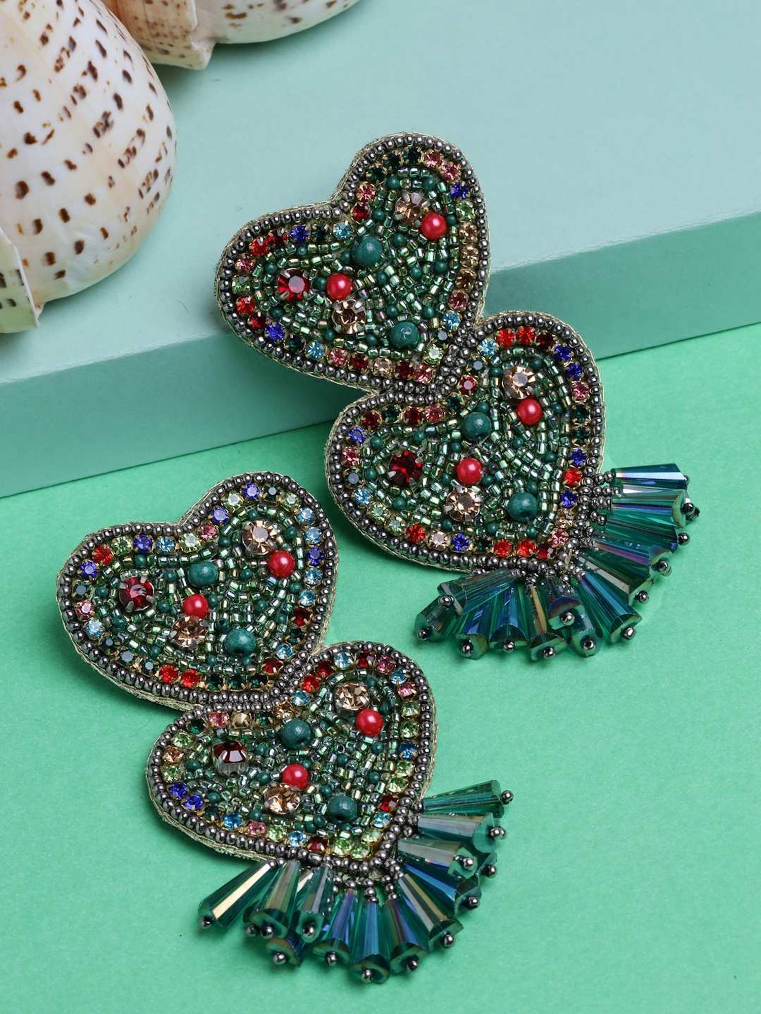 Moedbuille Handcrafted Sequins Beads and Crystals Heart Shape Silver Plated Tassel Earrings