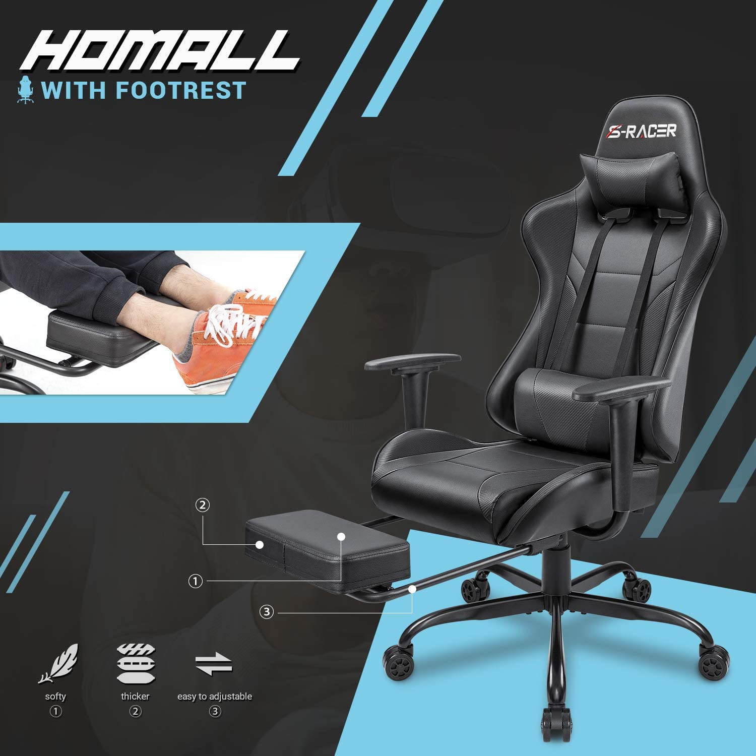 Homall Gaming Chair Computer Office Chair Ergonomic Desk Chair with Footrest Racing Executive Swivel Chair Adjustable Rolling Task Chair (Green)