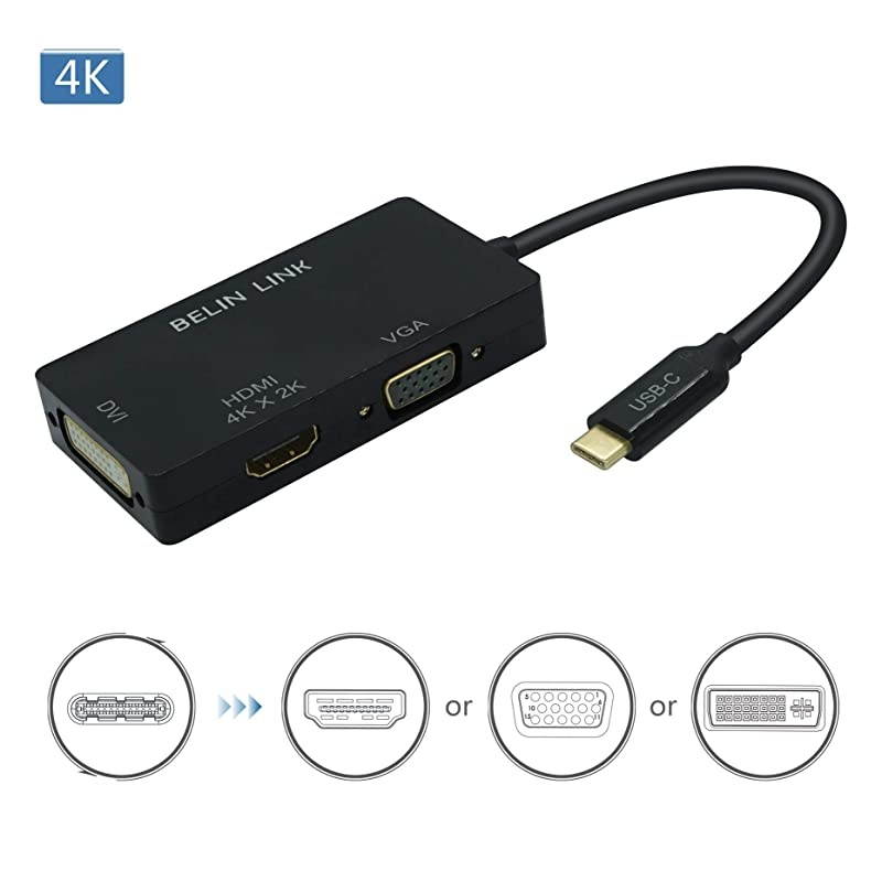USBCThunderbolt 3 to HDMI VGA DVI Adapter Type C to HDMI VGA DVI GoldPlated Connector 3 in 1video Adapter for Huawei Mate 10MacBook ProDell XPS 13Chromebook PixelBlack