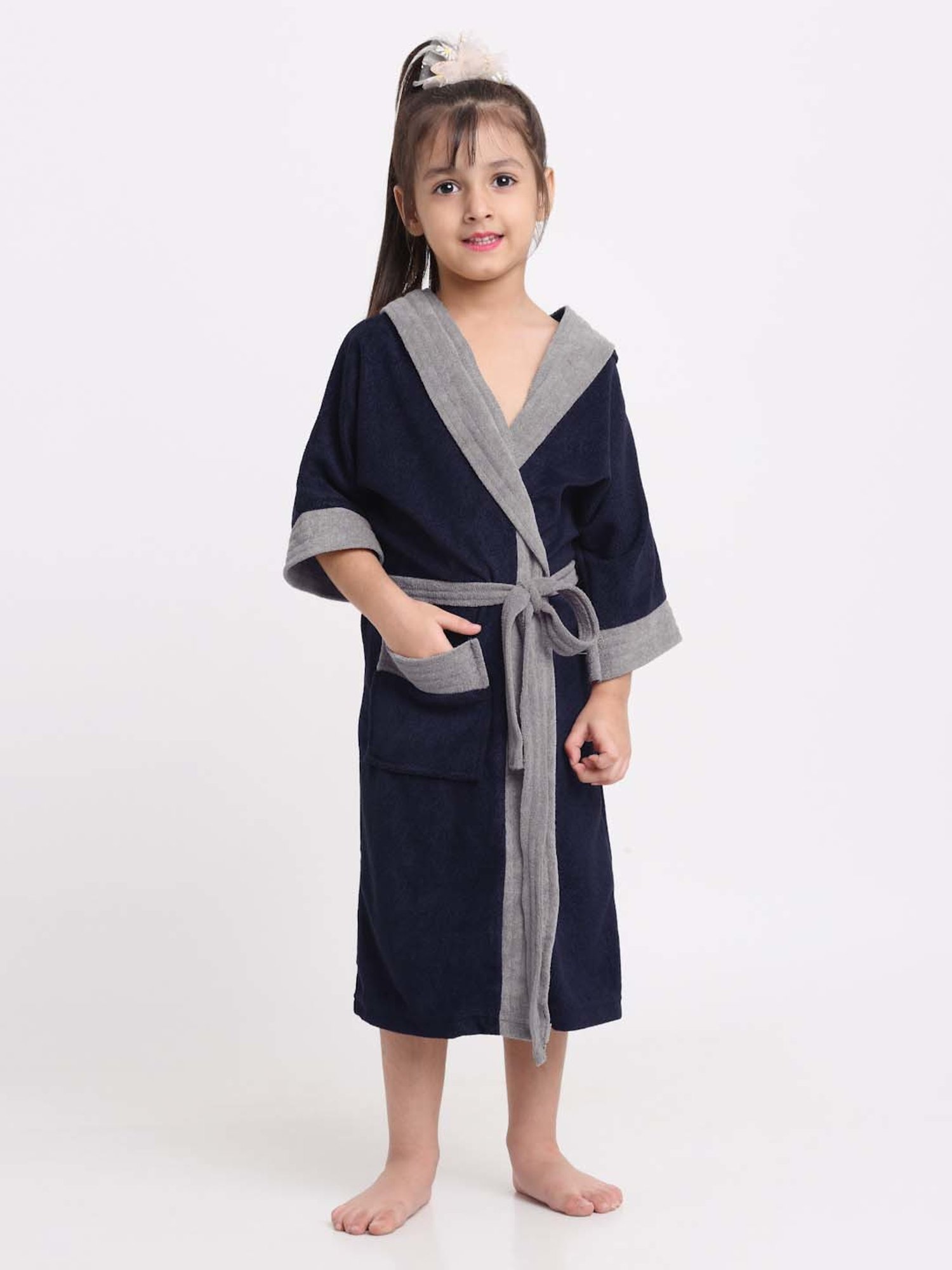 Creeva Melodious Navy & Grey Micro Terry 225 GSM Kids Hooded Bathrobe 14-15 Years With Pocket