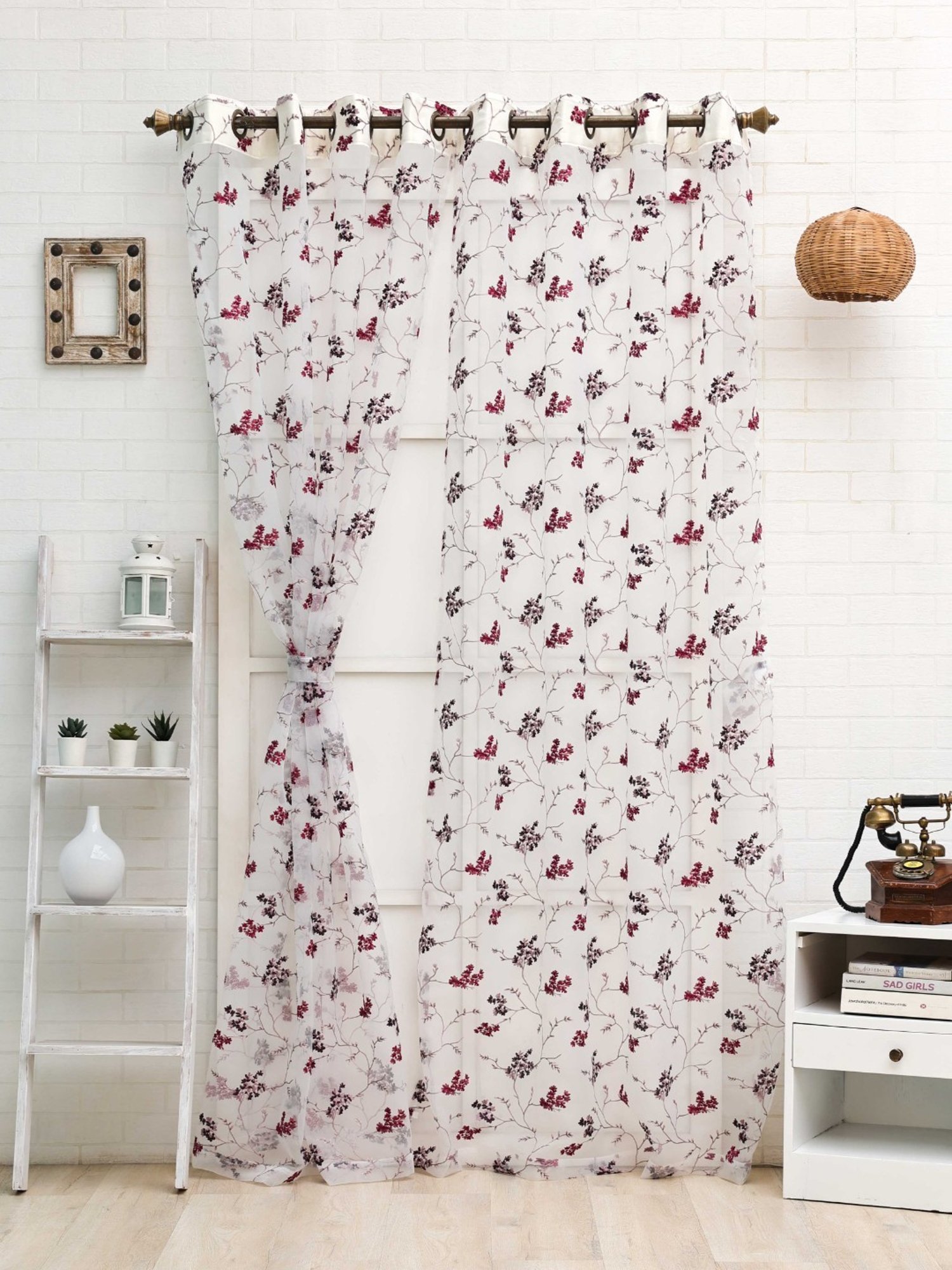 Ariana Floral Embroidery Maroon Polyester 7 ft Door Curtain