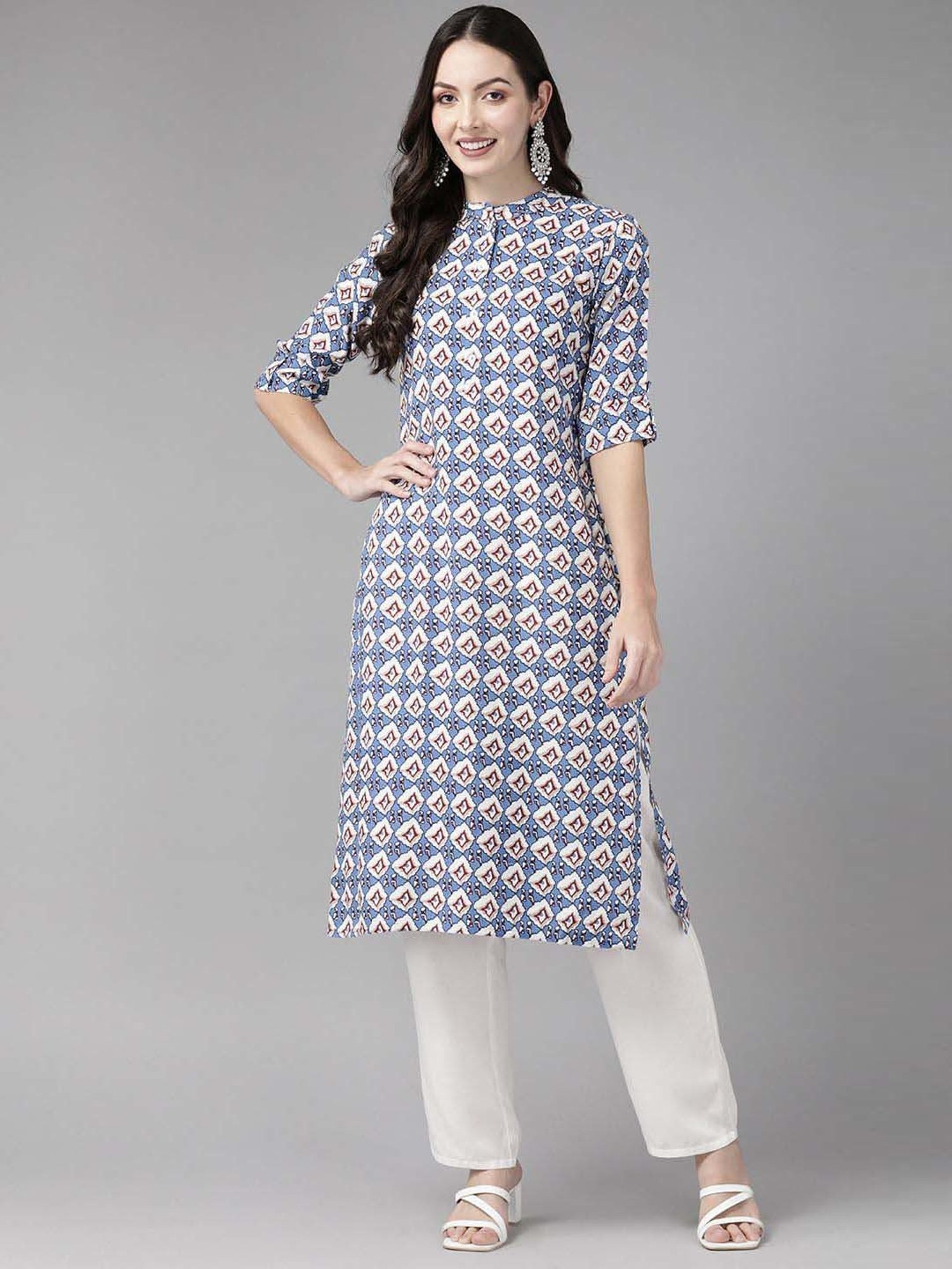 Cayman Blue Cotton Printed Straight Kurta