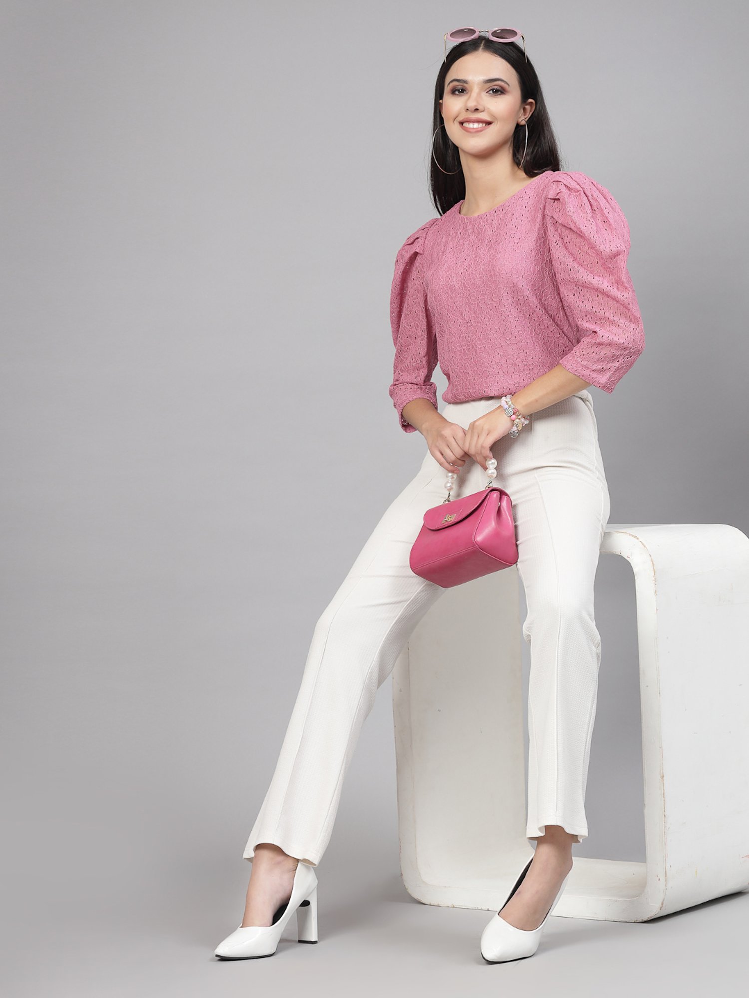 Style Quotient Pink Cotton Self Design Top