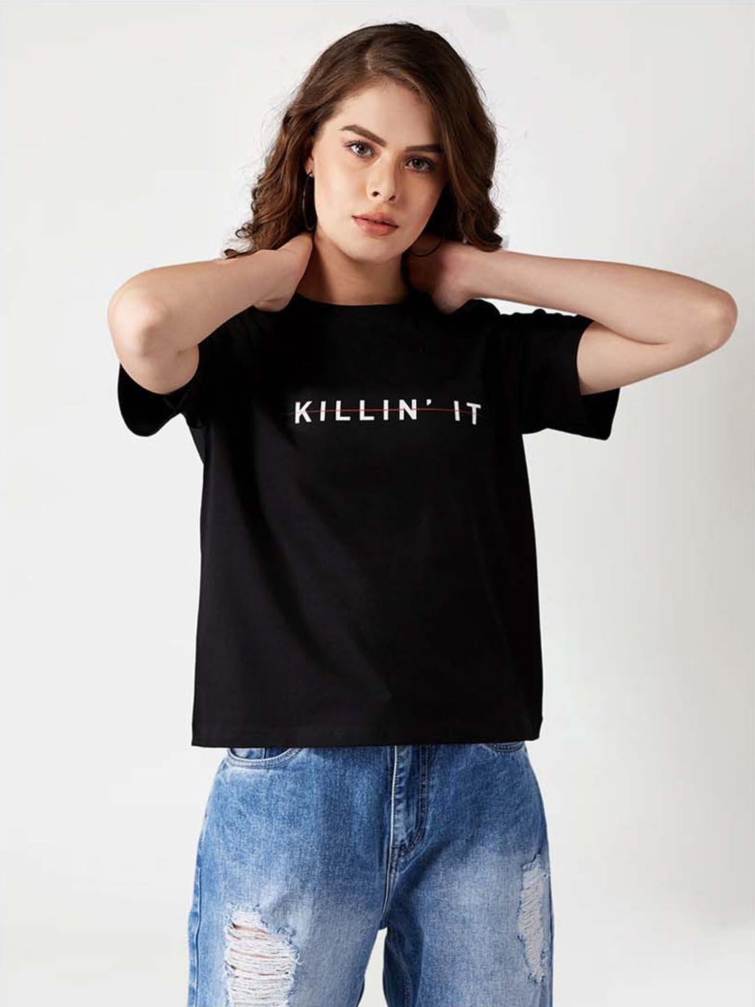 Miss Chase Black Cotton Printed T-Shirt