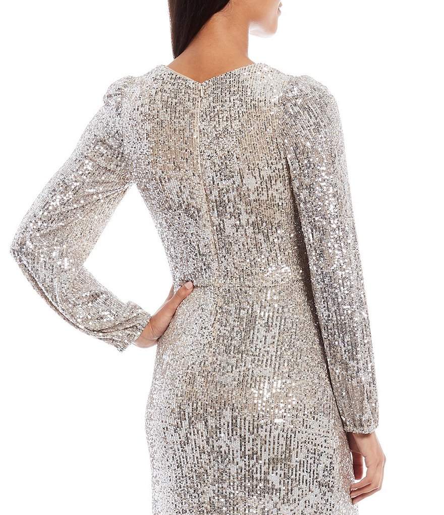 Xscape Long Sleeve Allover Sequin Lace Front Slit Waist Ruch Detail Sheath Dress