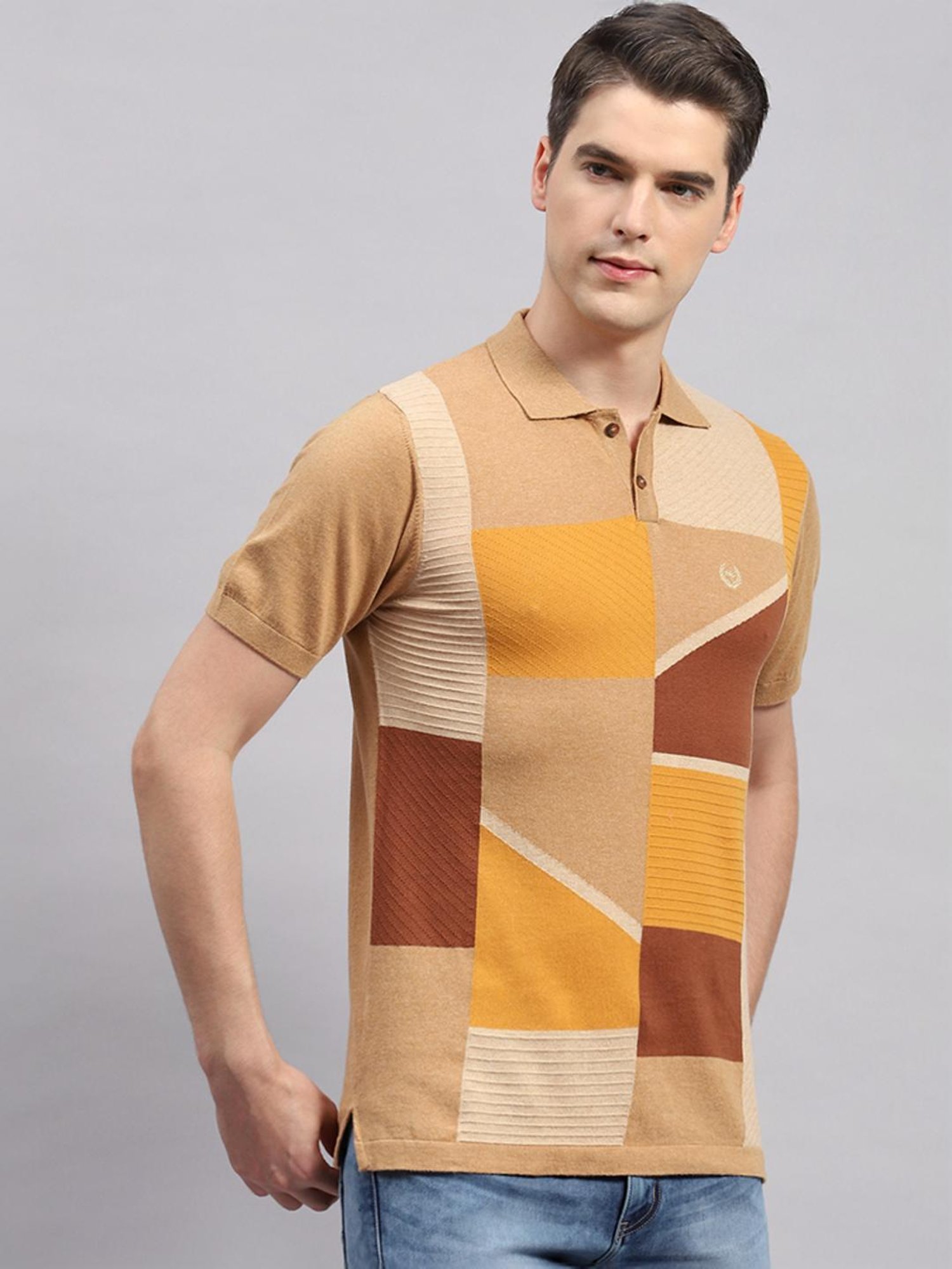 Monte Carlo Camel Cotton Regular Fit Printed Polo T-Shirt