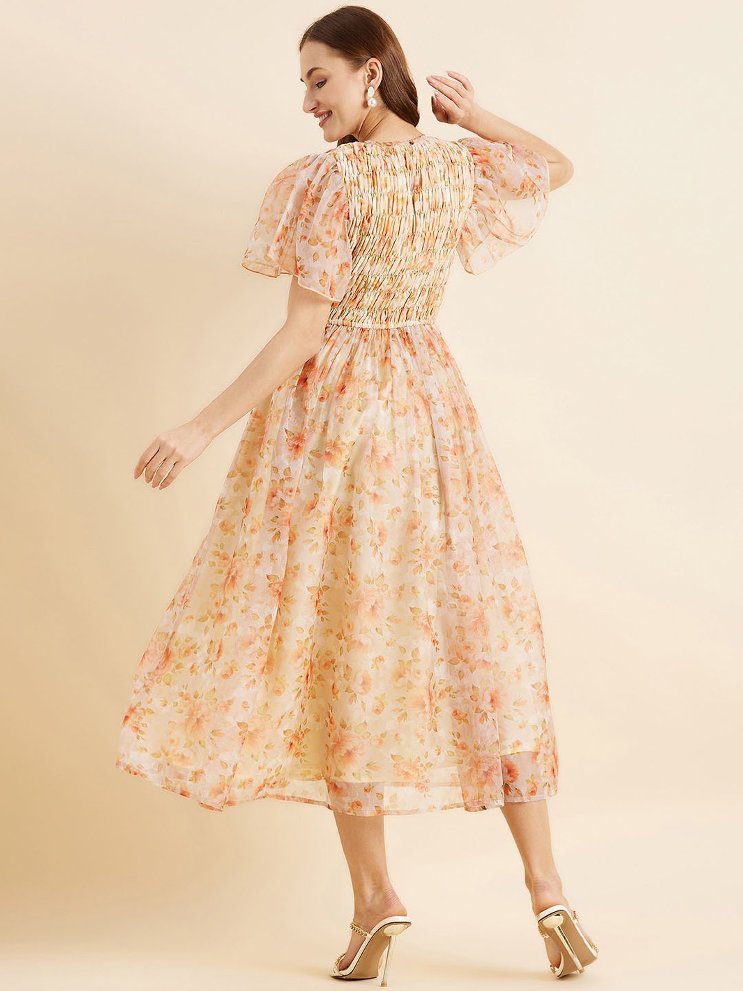 PANIT Peach Floral Print Ethnic Dress