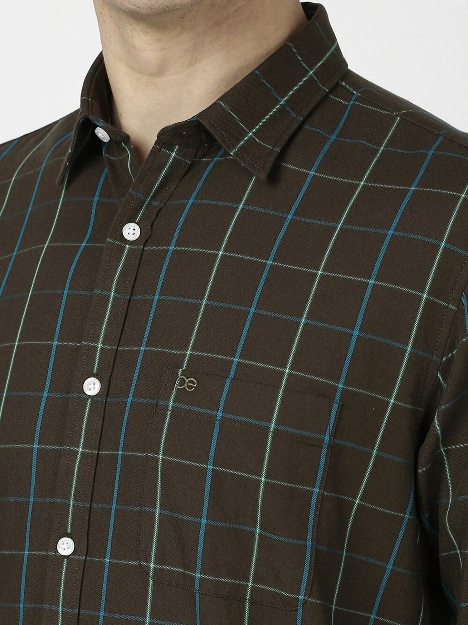 Peter England Brown Cotton Slim Fit Checks Shirt