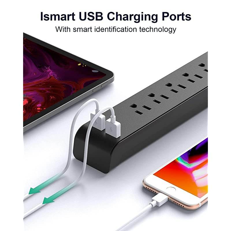 Pack Surge Protector Power Strip with 6 Outlets USB Ports 5Foot Long HeavyDuty Braided Extension Cords Flat Plug 900 Joules 15A Circuit Breaker Wall Mount for Home Office