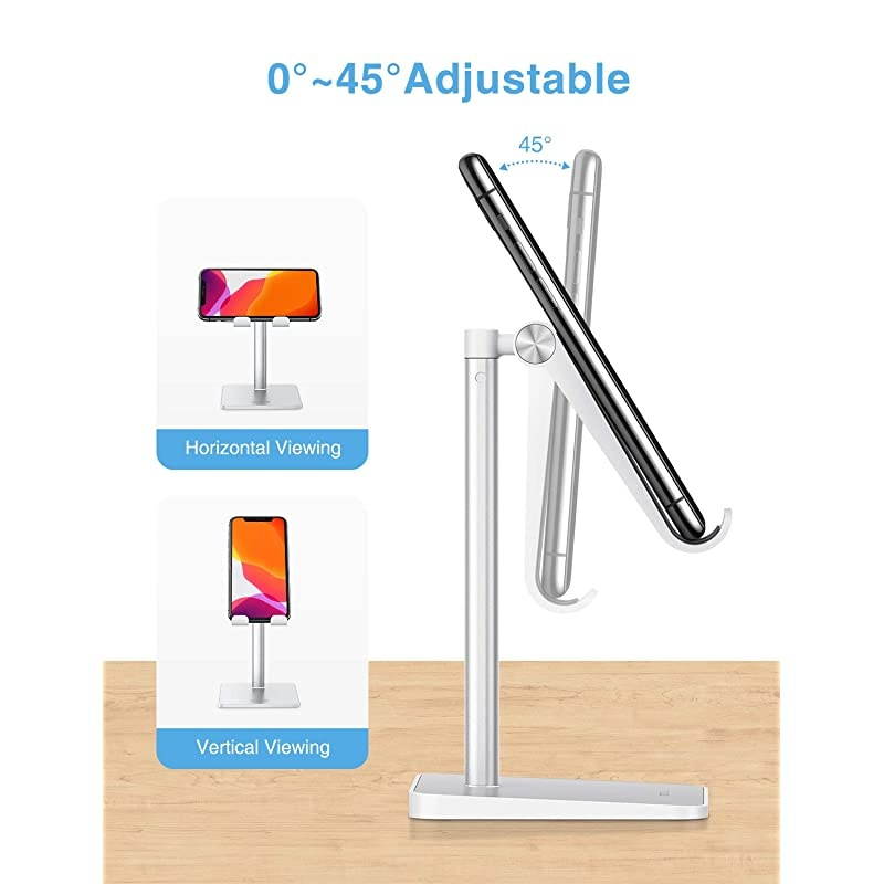 Cell Phone Holder for Desk  Cell Phone Stand Dock Adjustable Angle 545&deg; for Office Kitchen Movies Compatible with iPhone 1111 ProXs MaxSe2 and All Smartphones 3570 Inch Silver