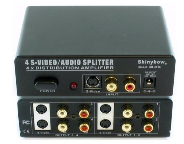 Shinybow 1x4 (1:4) 4-Way S-Video + Stereo Analog R/L Audio Splitter Distribution Amplifier SB-3716 by Shinybow