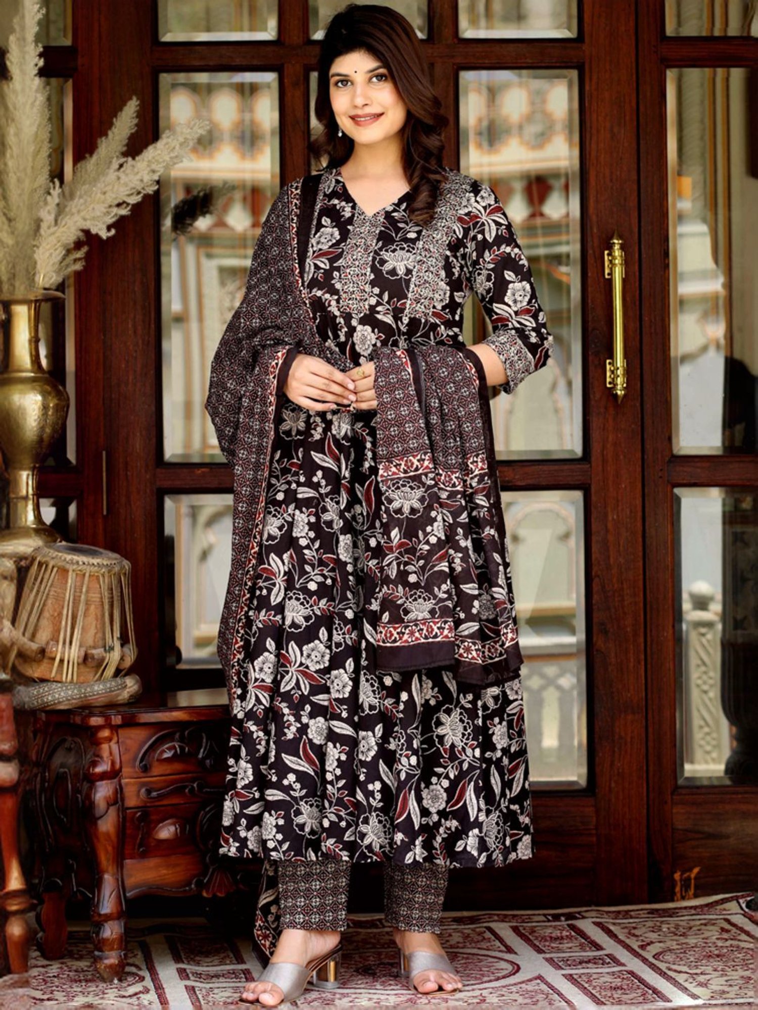 Miravan Black Cotton Embroidered Kurta Palazzo Set With Dupatta