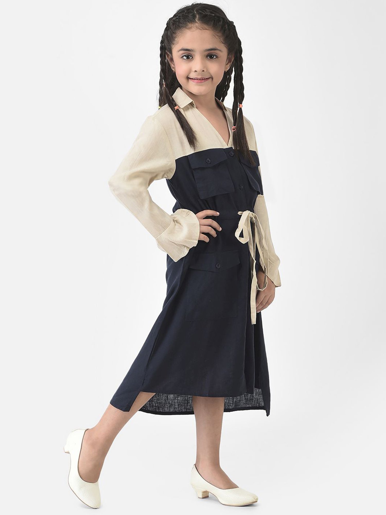 Crimsoune Club Kids Navy & Cream Color Block Full Sleeves Dress