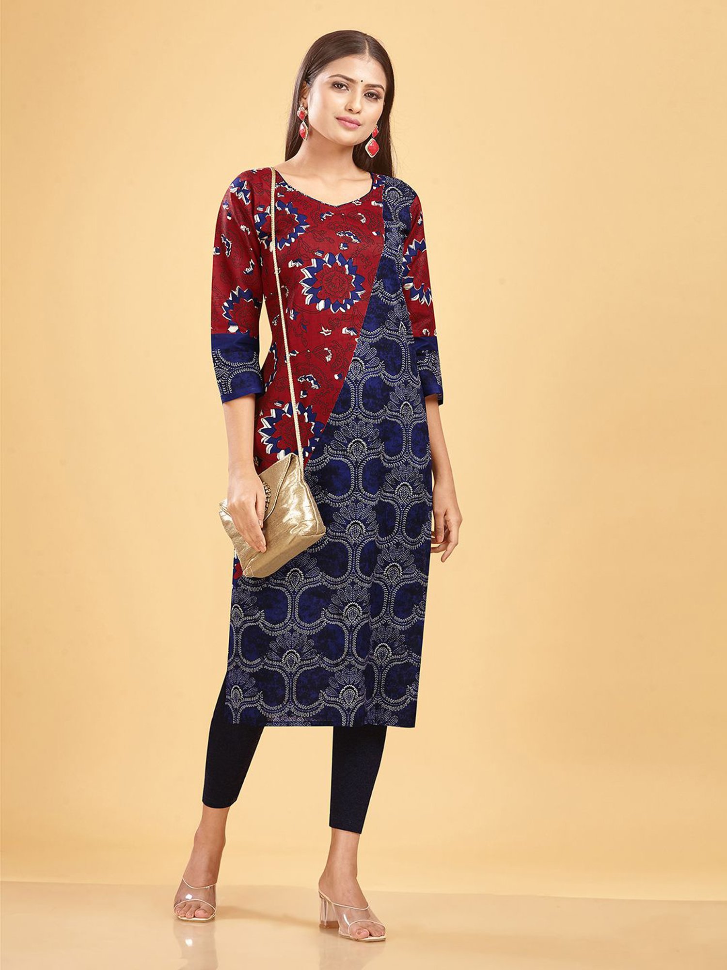 SHANVIKA Blue & Red Printed Cotton Straight Kurta