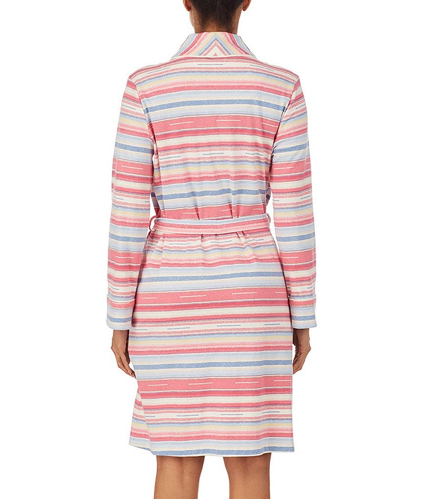 Lauren Ralph Lauren Striped Print Knit Shawl Collar Short Wrap Robe