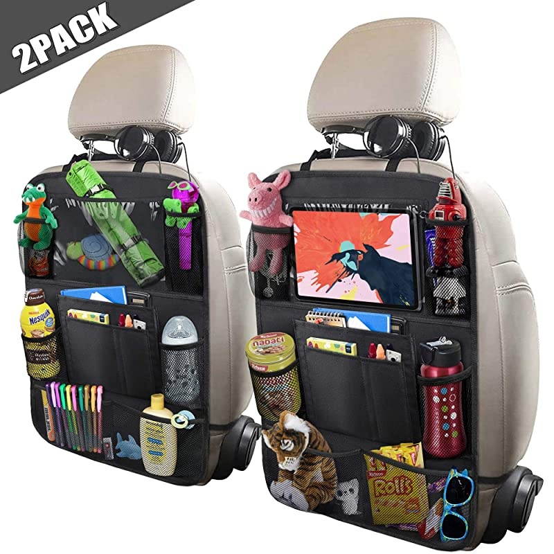 Car Backseat Organizer with 10 Table Holder 9 Storage Pockets Seat Back Protectors Kick Mats for Kids Toddlers Travel Accessories Black 2 Pack