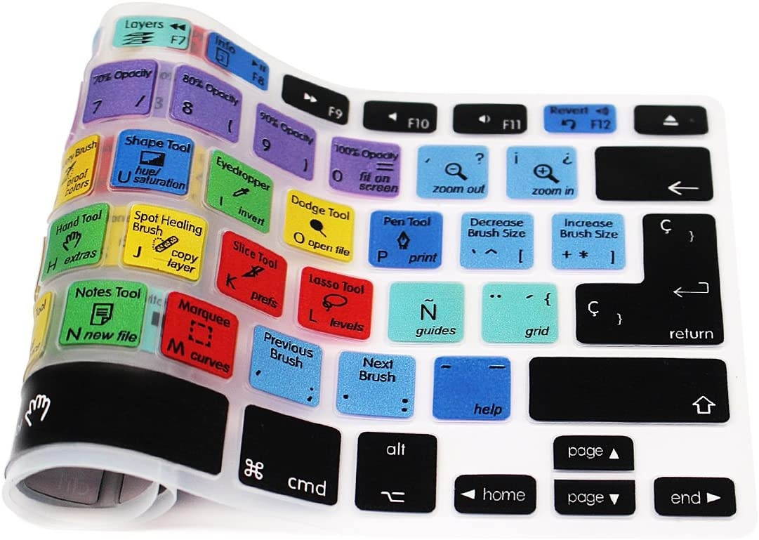 HRH Hot Key Function Shortcut Spanish Silicone Keyboard Cover Skin for Mac Air 13,MacBook Pro 13/15/17 (with or w/Out Retina Display, 2015 or Older Version)&Older iMac US/EU-Photoshop PS