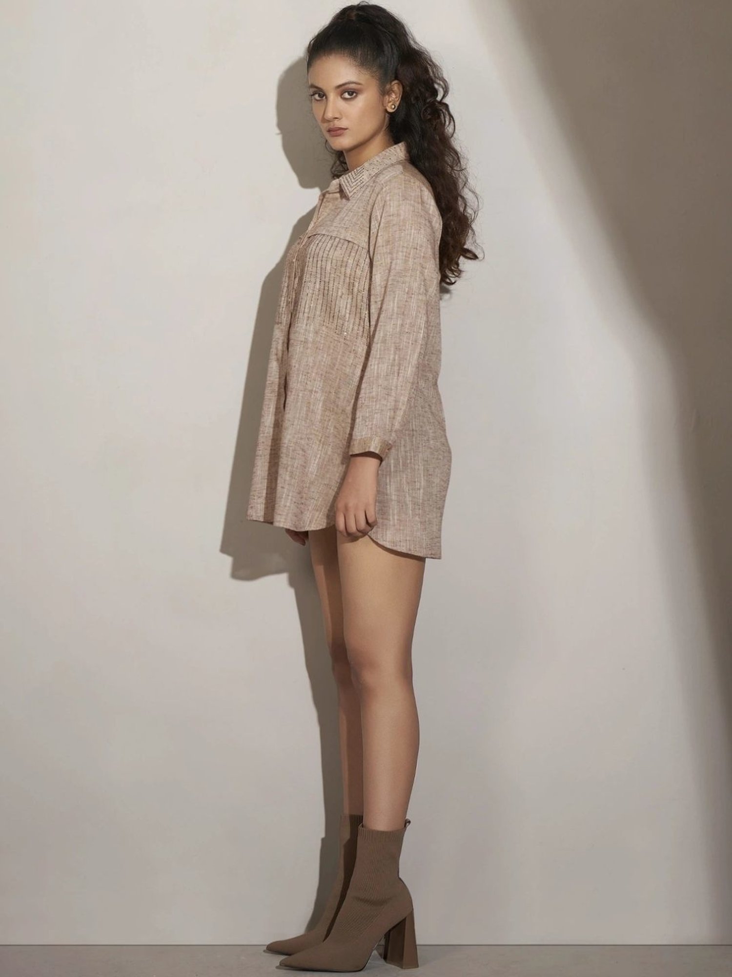 Kaftanize Beige Cotton-Linen Shirt with Geometric Rhinestone Decorations